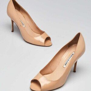 Manolo Blahnik Beige Patent Leather Open Toe Pumps Size 7.5/38